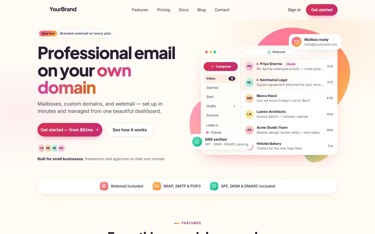 Business Email Hosting: example platform we built (brand hidden)